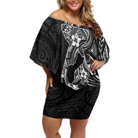 Black Guam Latte Stone Tribal Tattoo Family Matching Off Shoulder Short Dress and Hawaiian Shirt Hafa Adai Six 7 One LT9 Mom's Dress Black - Polynesian Pride