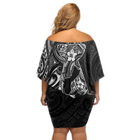 Black Guam Latte Stone Tribal Tattoo Family Matching Off Shoulder Short Dress and Hawaiian Shirt Hafa Adai Six 7 One LT9 - Polynesian Pride
