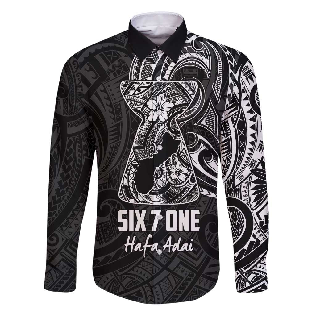 Black Guam Latte Stone Tribal Tattoo Family Matching Puletasi and Hawaiian Shirt Hafa Adai Six 7 One LT9 Dad's Shirt - Long Sleeve Black - Polynesian Pride