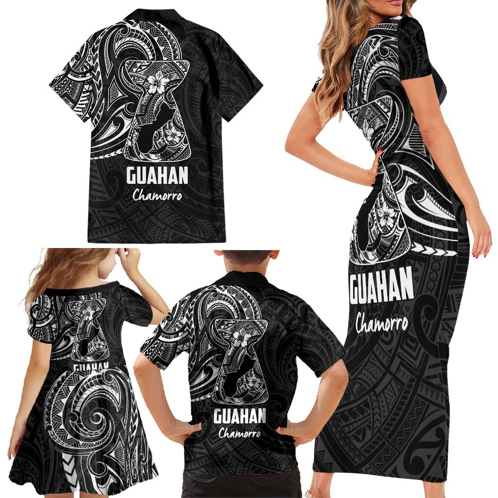 Black Guam Latte Stone Tribal Tattoo Family Matching Short Sleeve Bodycon Dress and Hawaiian Shirt Hafa Adai Six 7 One LT9 - Polynesian Pride