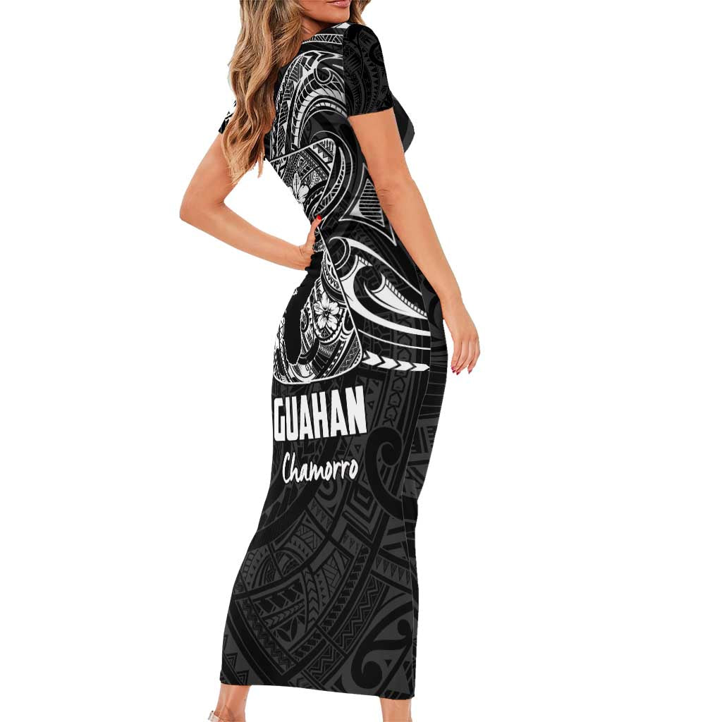 Black Guam Latte Stone Tribal Tattoo Family Matching Short Sleeve Bodycon Dress and Hawaiian Shirt Hafa Adai Six 7 One LT9 - Polynesian Pride