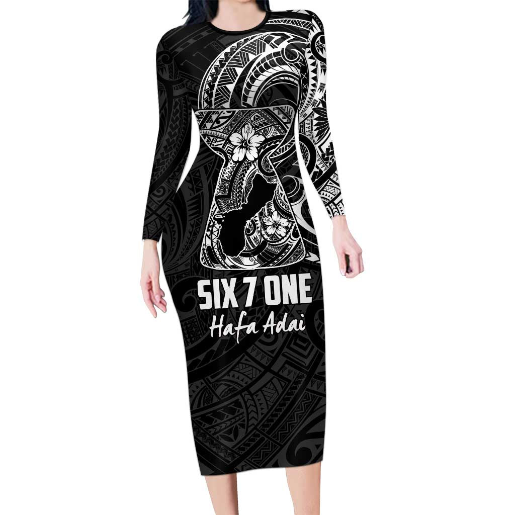 Black Guam Latte Stone Tribal Tattoo Long Sleeve Bodycon Dress Hafa Adai Six 7 One LT9 Long Dress Black - Polynesian Pride