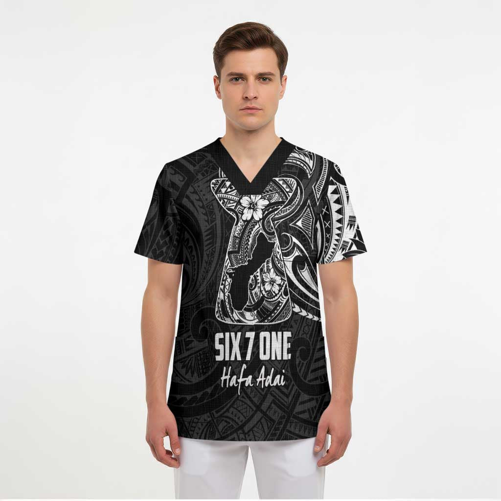 Black Guam Latte Stone Tribal Tattoo Scrub Top Hafa Adai Six 7 One - Polynesian Pride