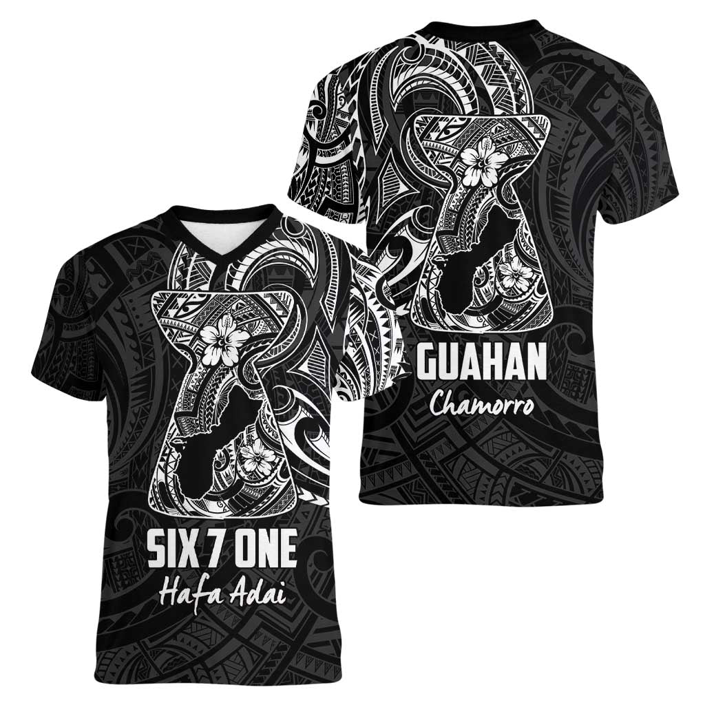 Black Guam Latte Stone Tribal Tattoo Women V-Neck T-Shirt Hafa Adai Six 7 One LT9 - Polynesian Pride