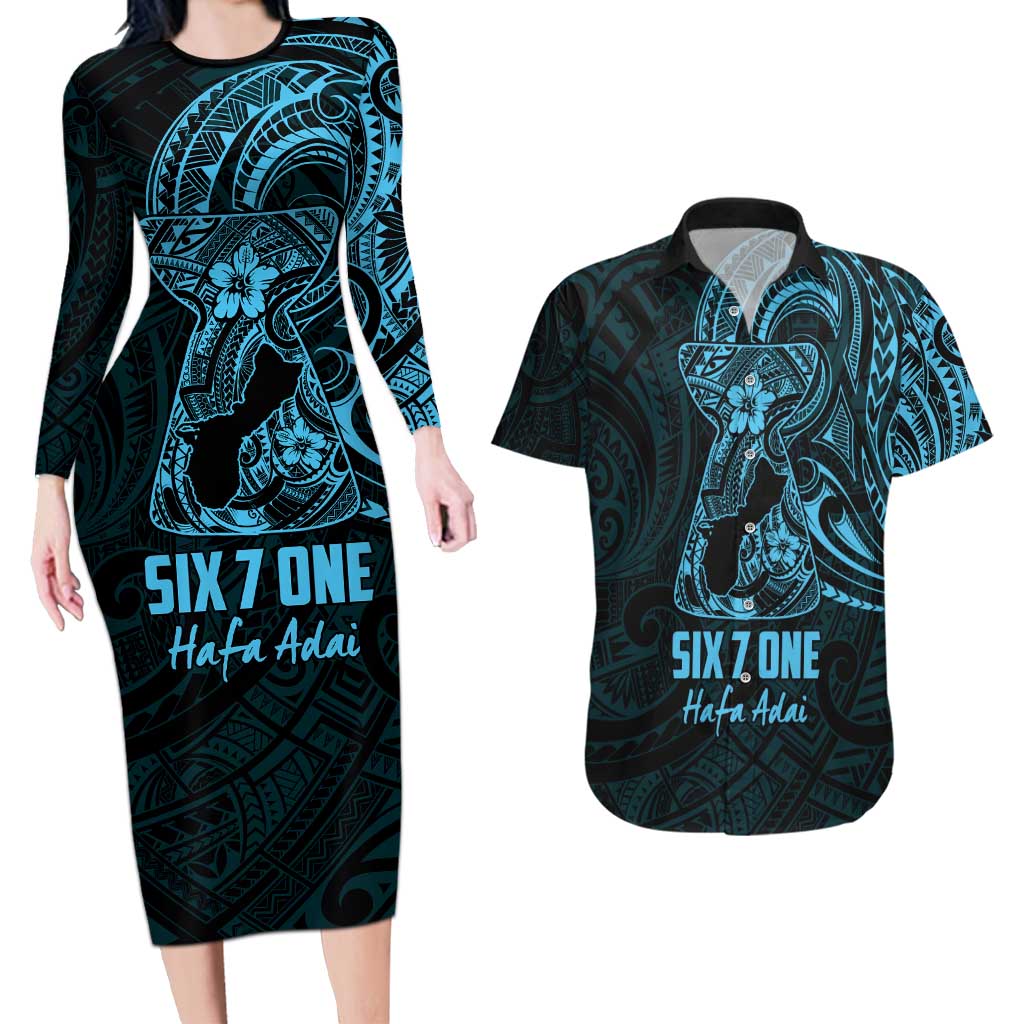 Blue Guam Latte Stone Tribal Tattoo Couples Matching Long Sleeve Bodycon Dress and Hawaiian Shirt Hafa Adai Six 7 One LT9 Blue - Polynesian Pride