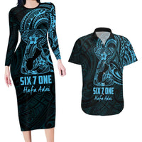 Blue Guam Latte Stone Tribal Tattoo Couples Matching Long Sleeve Bodycon Dress and Hawaiian Shirt Hafa Adai Six 7 One LT9 Blue - Polynesian Pride