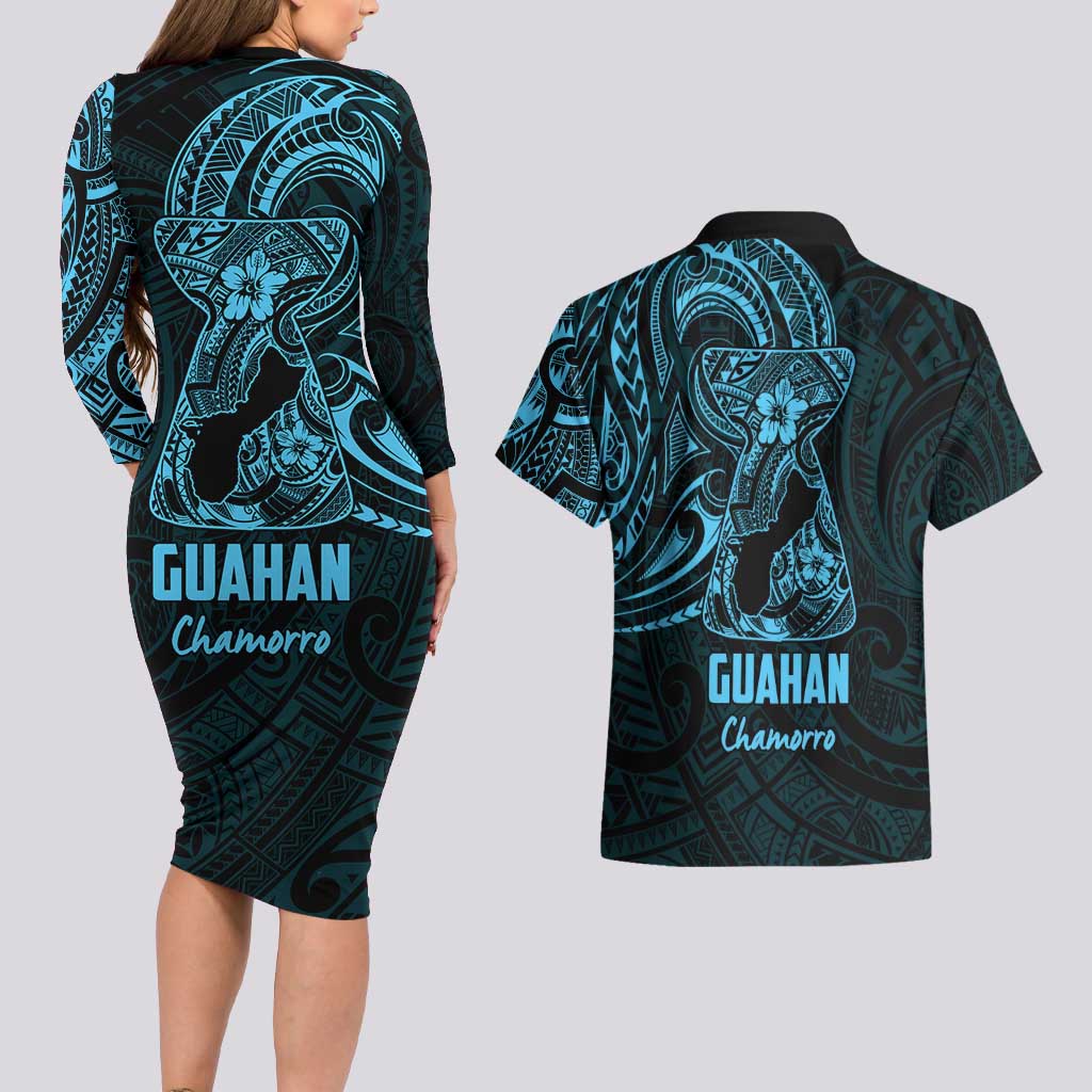 Blue Guam Latte Stone Tribal Tattoo Couples Matching Long Sleeve Bodycon Dress and Hawaiian Shirt Hafa Adai Six 7 One LT9 - Polynesian Pride
