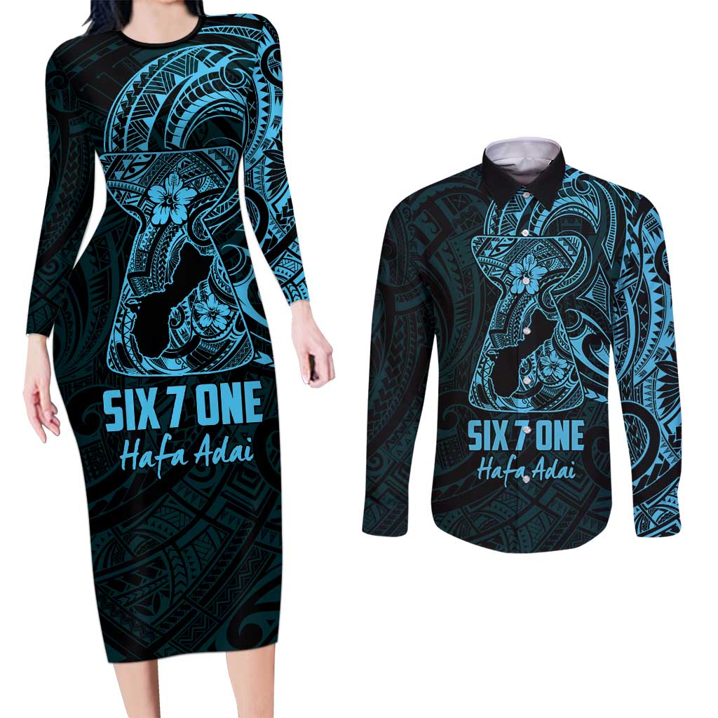 Blue Guam Latte Stone Tribal Tattoo Couples Matching Long Sleeve Bodycon Dress and Long Sleeve Button Shirt Hafa Adai Six 7 One LT9 Blue - Polynesian Pride