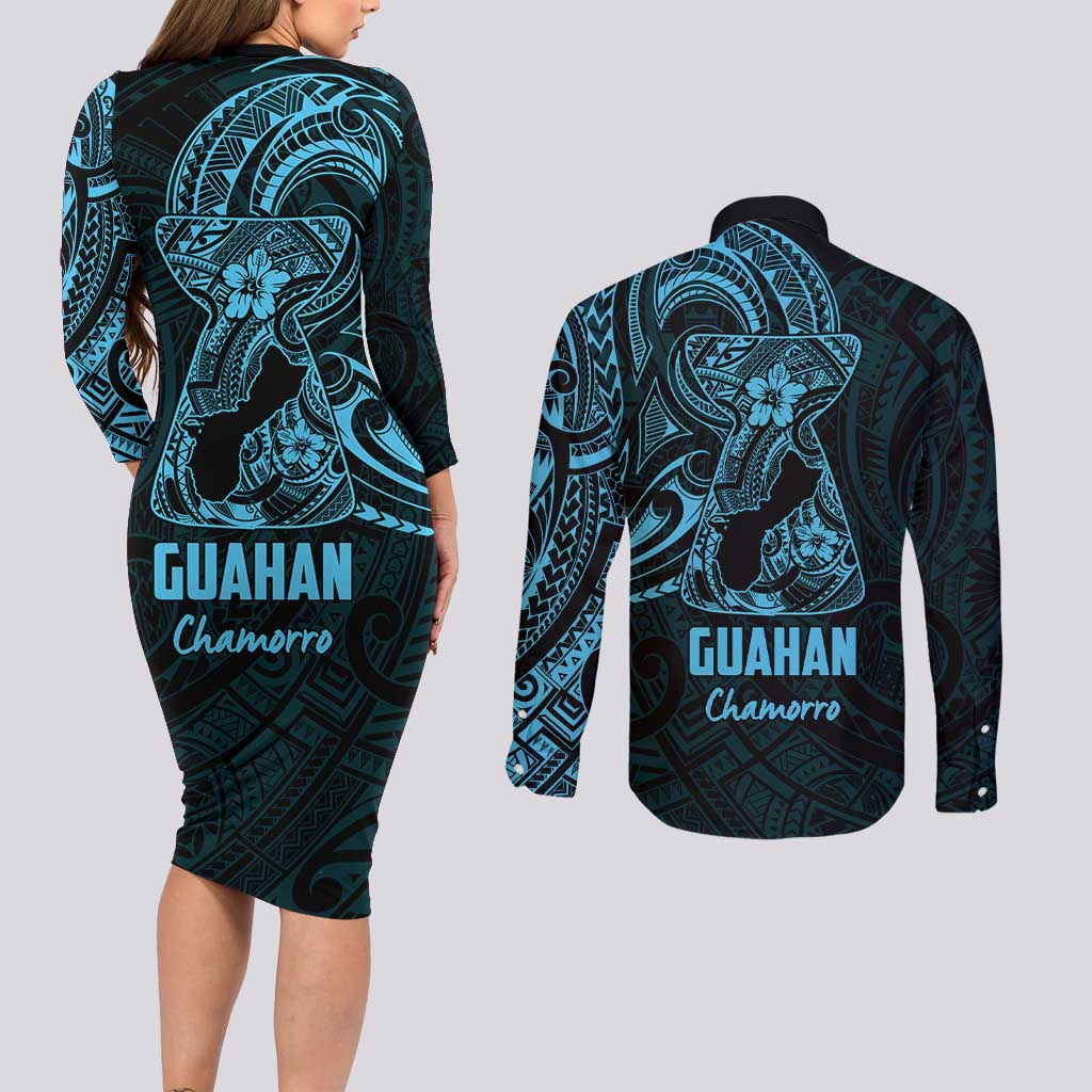 Blue Guam Latte Stone Tribal Tattoo Couples Matching Long Sleeve Bodycon Dress and Long Sleeve Button Shirt Hafa Adai Six 7 One LT9 - Polynesian Pride
