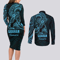 Blue Guam Latte Stone Tribal Tattoo Couples Matching Long Sleeve Bodycon Dress and Long Sleeve Button Shirt Hafa Adai Six 7 One LT9 - Polynesian Pride