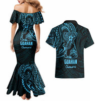 Blue Guam Latte Stone Tribal Tattoo Couples Matching Mermaid Dress and Hawaiian Shirt Hafa Adai Six 7 One LT9 - Polynesian Pride