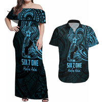 Blue Guam Latte Stone Tribal Tattoo Couples Matching Off Shoulder Maxi Dress and Hawaiian Shirt Hafa Adai Six 7 One LT9 Blue - Polynesian Pride