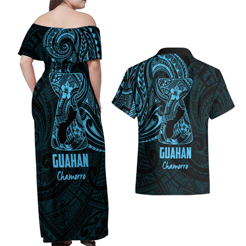 Blue Guam Latte Stone Tribal Tattoo Couples Matching Off Shoulder Maxi Dress and Hawaiian Shirt Hafa Adai Six 7 One LT9 - Polynesian Pride