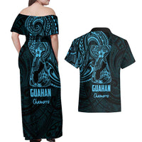 Blue Guam Latte Stone Tribal Tattoo Couples Matching Off Shoulder Maxi Dress and Hawaiian Shirt Hafa Adai Six 7 One LT9 - Polynesian Pride