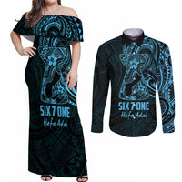 Blue Guam Latte Stone Tribal Tattoo Couples Matching Off Shoulder Maxi Dress and Long Sleeve Button Shirt Hafa Adai Six 7 One LT9 Blue - Polynesian Pride