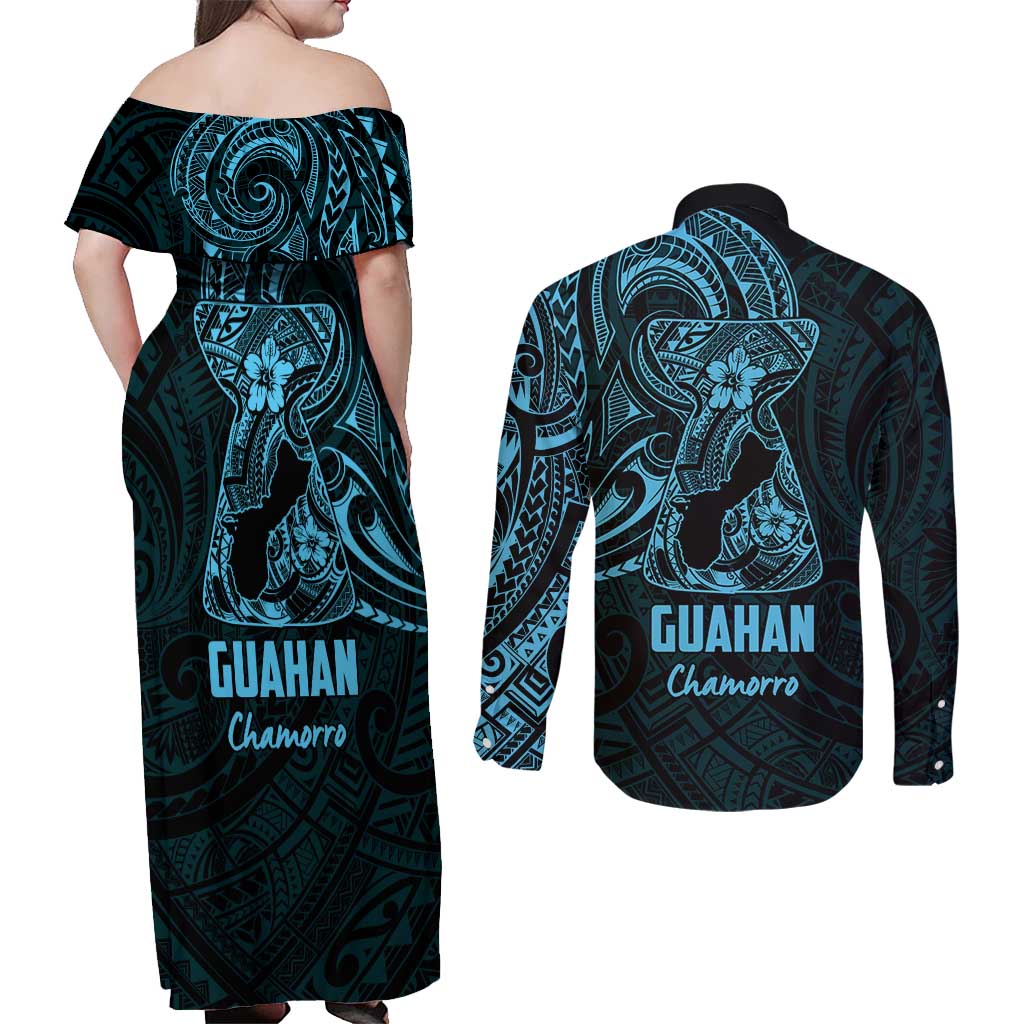 Blue Guam Latte Stone Tribal Tattoo Couples Matching Off Shoulder Maxi Dress and Long Sleeve Button Shirt Hafa Adai Six 7 One LT9 - Polynesian Pride