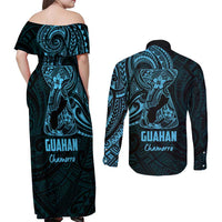 Blue Guam Latte Stone Tribal Tattoo Couples Matching Off Shoulder Maxi Dress and Long Sleeve Button Shirt Hafa Adai Six 7 One LT9 - Polynesian Pride