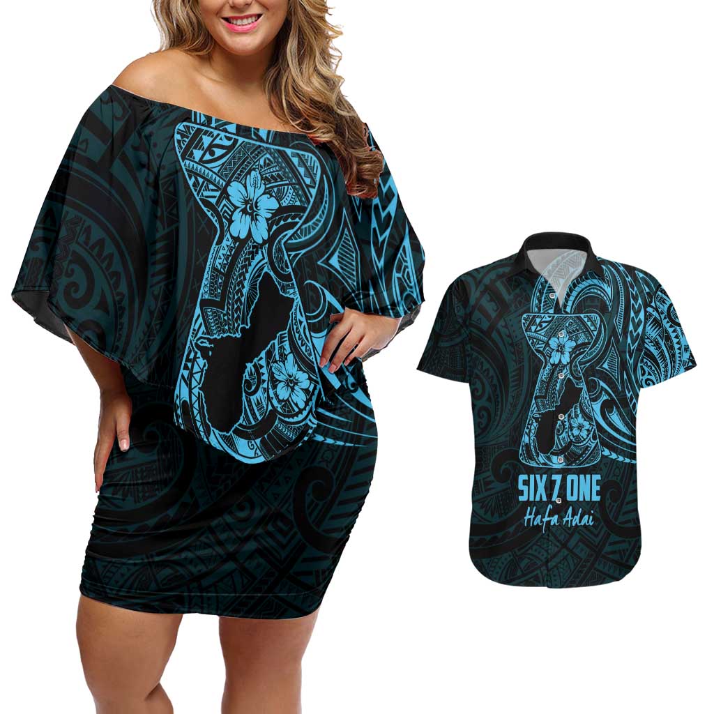 Blue Guam Latte Stone Tribal Tattoo Couples Matching Off Shoulder Short Dress and Hawaiian Shirt Hafa Adai Six 7 One LT9 Blue - Polynesian Pride