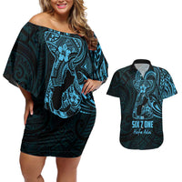 Blue Guam Latte Stone Tribal Tattoo Couples Matching Off Shoulder Short Dress and Hawaiian Shirt Hafa Adai Six 7 One LT9 Blue - Polynesian Pride