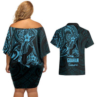 Blue Guam Latte Stone Tribal Tattoo Couples Matching Off Shoulder Short Dress and Hawaiian Shirt Hafa Adai Six 7 One LT9 - Polynesian Pride
