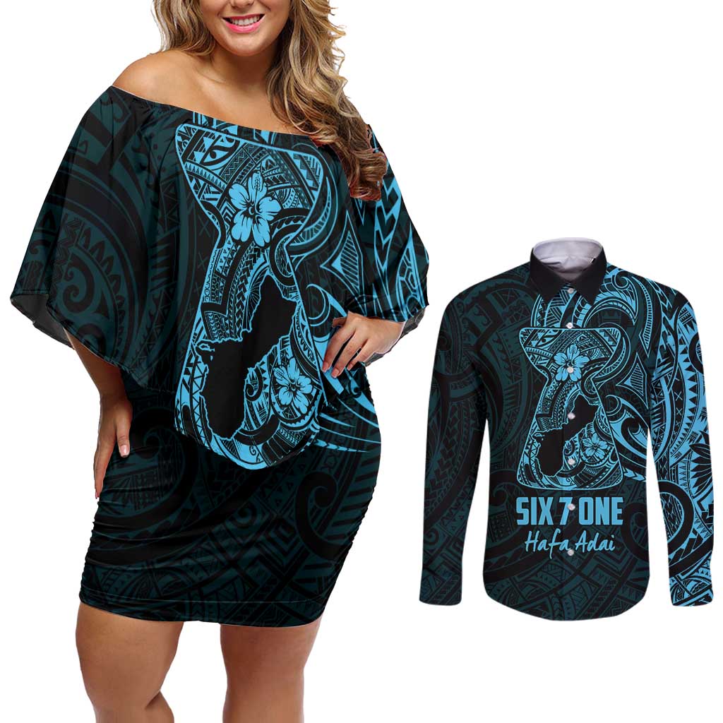 Blue Guam Latte Stone Tribal Tattoo Couples Matching Off Shoulder Short Dress and Long Sleeve Button Shirt Hafa Adai Six 7 One LT9 Blue - Polynesian Pride