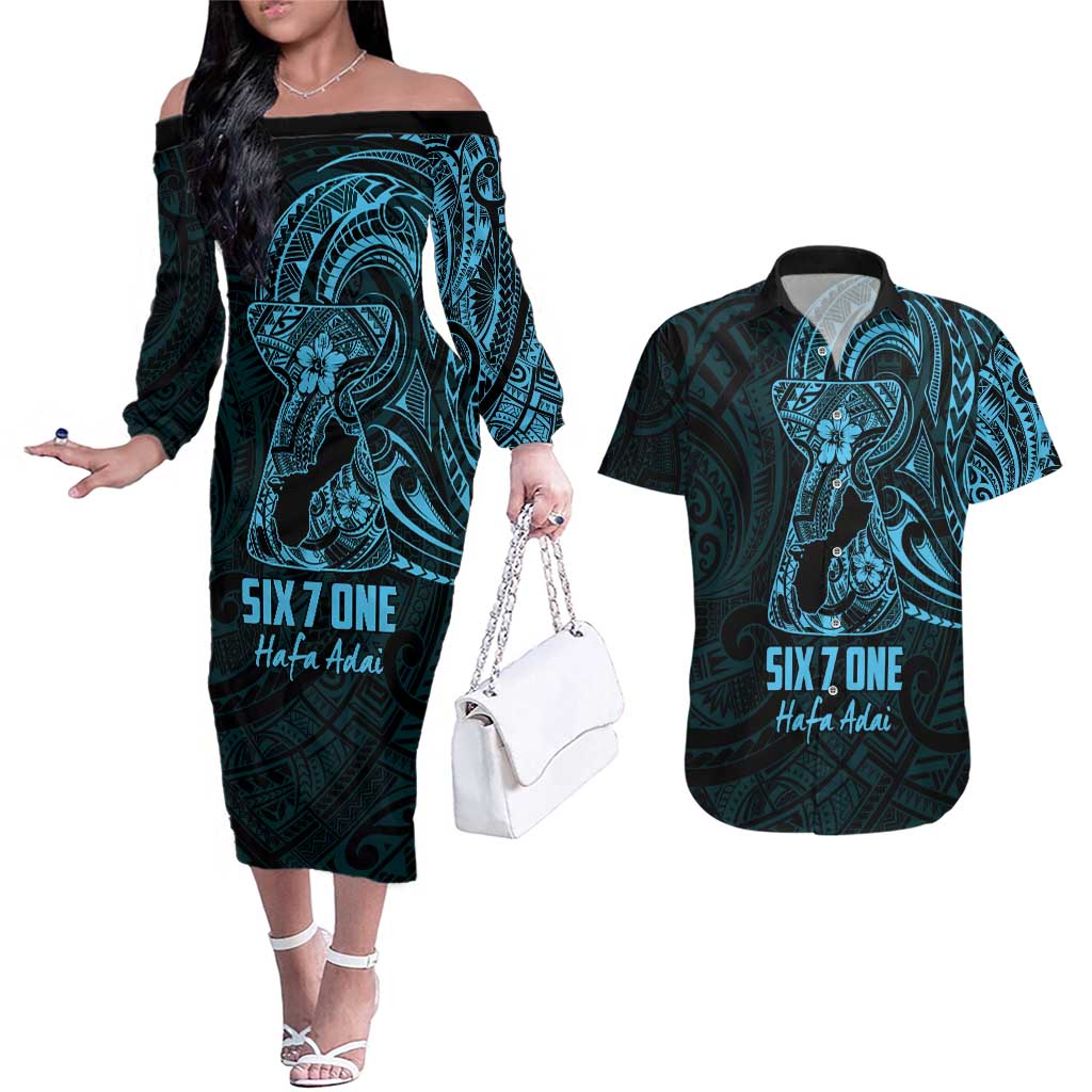 Blue Guam Latte Stone Tribal Tattoo Couples Matching Off The Shoulder Long Sleeve Dress and Hawaiian Shirt Hafa Adai Six 7 One LT9 Blue - Polynesian Pride
