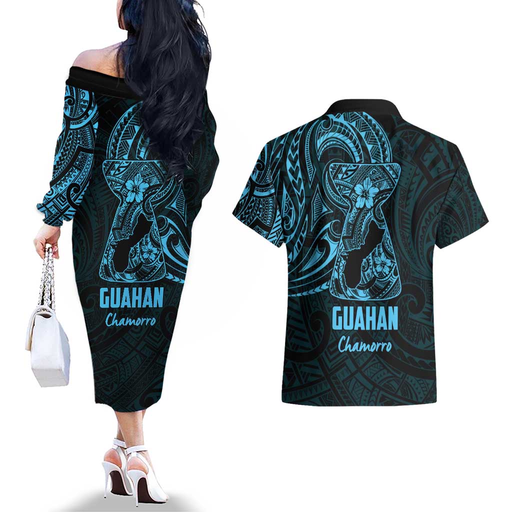 Blue Guam Latte Stone Tribal Tattoo Couples Matching Off The Shoulder Long Sleeve Dress and Hawaiian Shirt Hafa Adai Six 7 One LT9 - Polynesian Pride