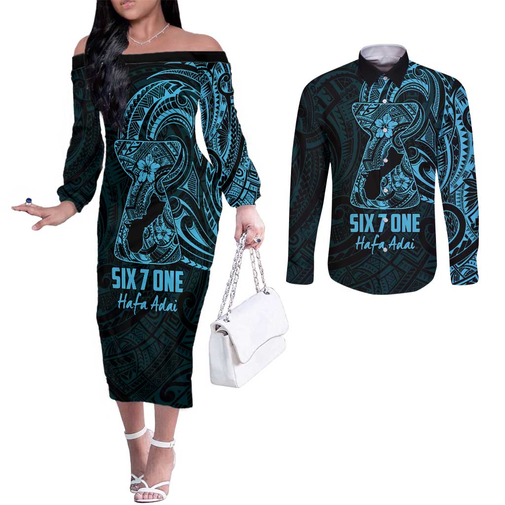 Blue Guam Latte Stone Tribal Tattoo Couples Matching Off The Shoulder Long Sleeve Dress and Long Sleeve Button Shirt Hafa Adai Six 7 One LT9 Blue - Polynesian Pride
