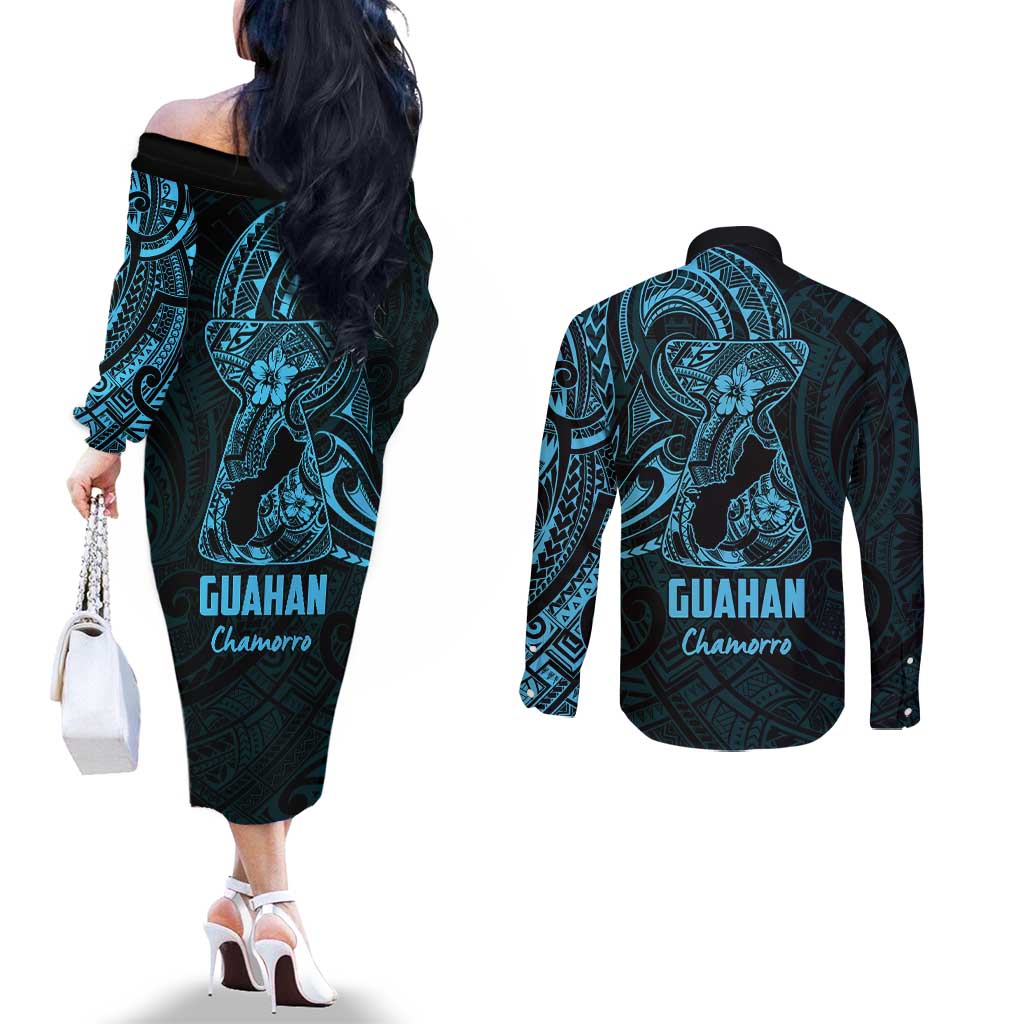 Blue Guam Latte Stone Tribal Tattoo Couples Matching Off The Shoulder Long Sleeve Dress and Long Sleeve Button Shirt Hafa Adai Six 7 One LT9 - Polynesian Pride