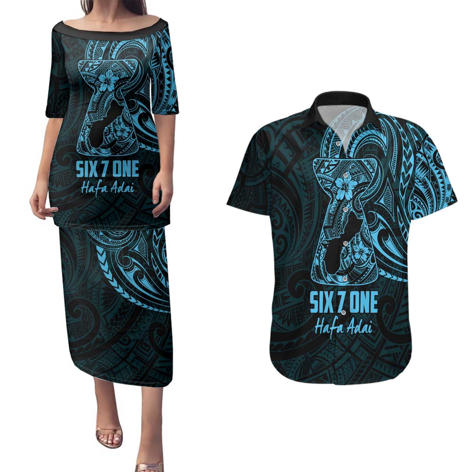 Blue Guam Latte Stone Tribal Tattoo Couples Matching Puletasi and Hawaiian Shirt Hafa Adai Six 7 One