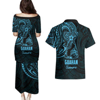 Blue Guam Latte Stone Tribal Tattoo Couples Matching Puletasi and Hawaiian Shirt Hafa Adai Six 7 One LT9 - Polynesian Pride
