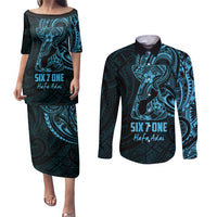 Blue Guam Latte Stone Tribal Tattoo Couples Matching Puletasi and Long Sleeve Button Shirt Hafa Adai Six 7 One LT9 Blue - Polynesian Pride
