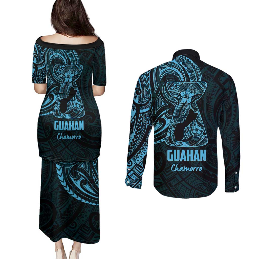 Blue Guam Latte Stone Tribal Tattoo Couples Matching Puletasi and Long Sleeve Button Shirt Hafa Adai Six 7 One LT9 - Polynesian Pride