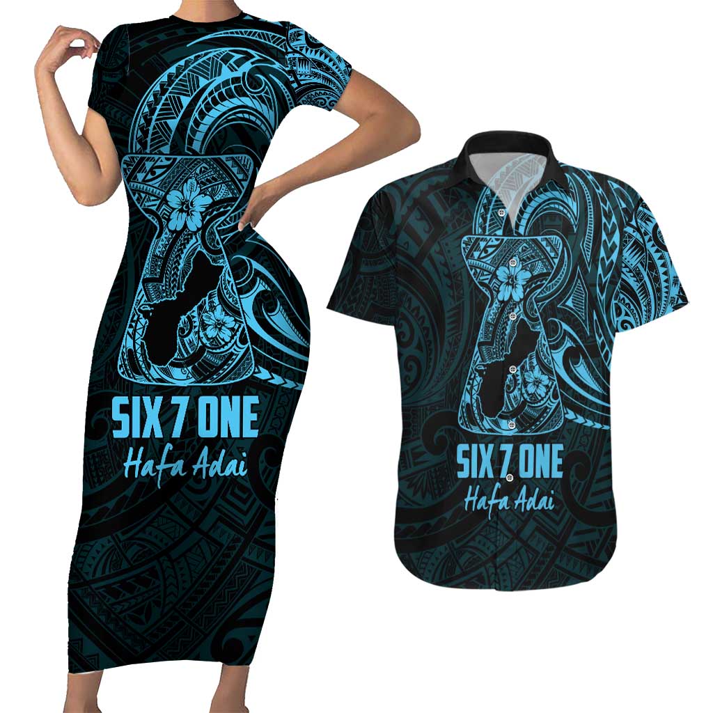 Blue Guam Latte Stone Tribal Tattoo Couples Matching Short Sleeve Bodycon Dress and Hawaiian Shirt Hafa Adai Six 7 One LT9 Blue - Polynesian Pride
