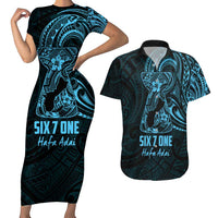 Blue Guam Latte Stone Tribal Tattoo Couples Matching Short Sleeve Bodycon Dress and Hawaiian Shirt Hafa Adai Six 7 One LT9 Blue - Polynesian Pride