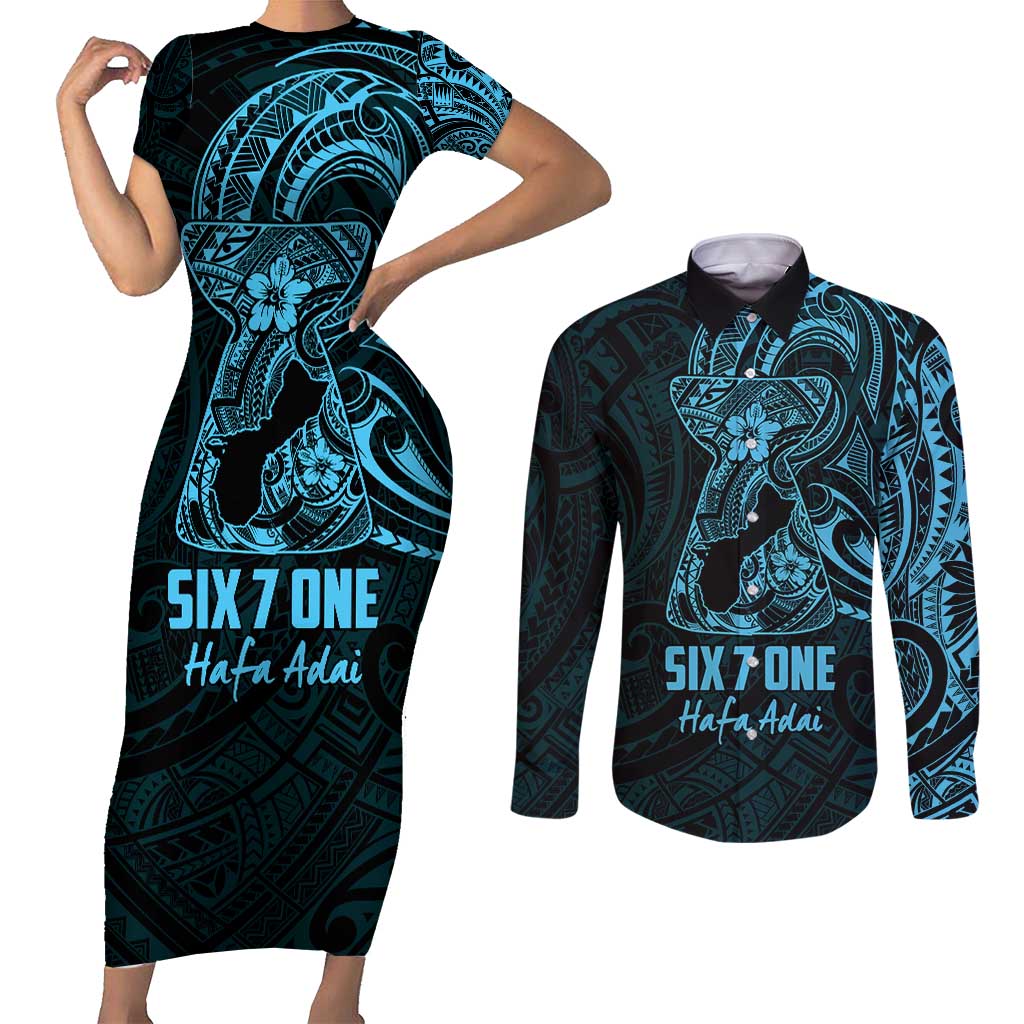 Blue Guam Latte Stone Tribal Tattoo Couples Matching Short Sleeve Bodycon Dress and Long Sleeve Button Shirt Hafa Adai Six 7 One LT9 Blue - Polynesian Pride