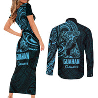 Blue Guam Latte Stone Tribal Tattoo Couples Matching Short Sleeve Bodycon Dress and Long Sleeve Button Shirt Hafa Adai Six 7 One LT9 - Polynesian Pride