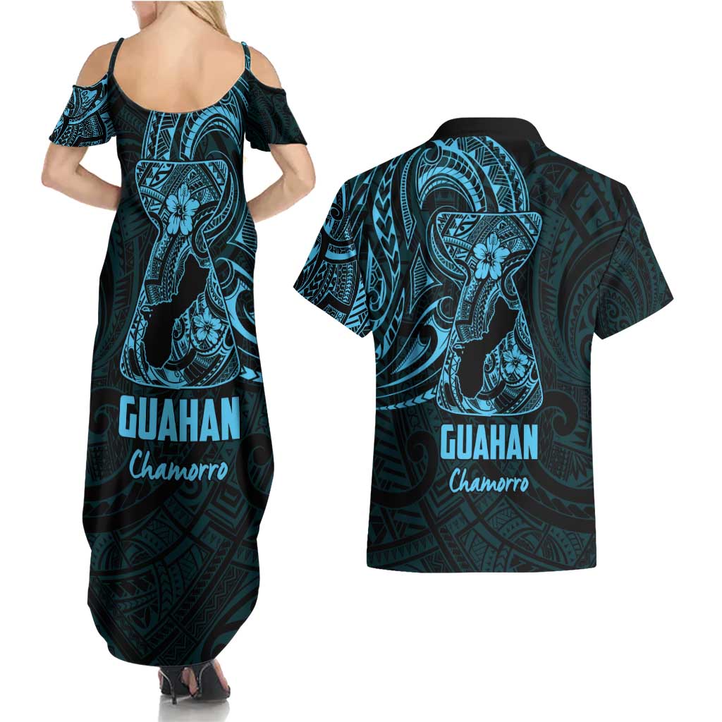 Blue Guam Latte Stone Tribal Tattoo Couples Matching Summer Maxi Dress and Hawaiian Shirt Hafa Adai Six 7 One LT9 - Polynesian Pride