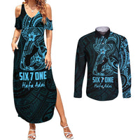 Blue Guam Latte Stone Tribal Tattoo Couples Matching Summer Maxi Dress and Long Sleeve Button Shirt Hafa Adai Six 7 One LT9 Blue - Polynesian Pride