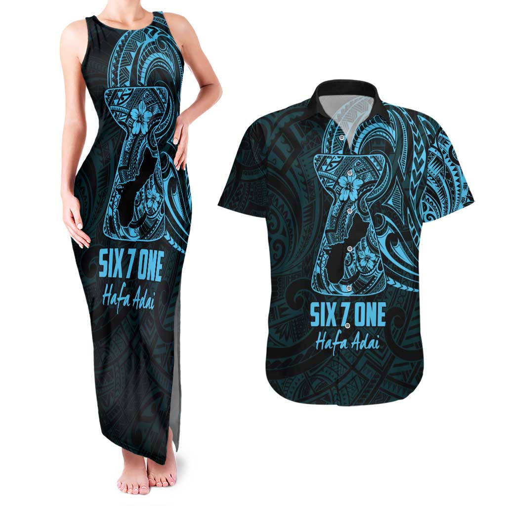 Blue Guam Latte Stone Tribal Tattoo Couples Matching Tank Maxi Dress and Hawaiian Shirt Hafa Adai Six 7 One LT9 Blue - Polynesian Pride