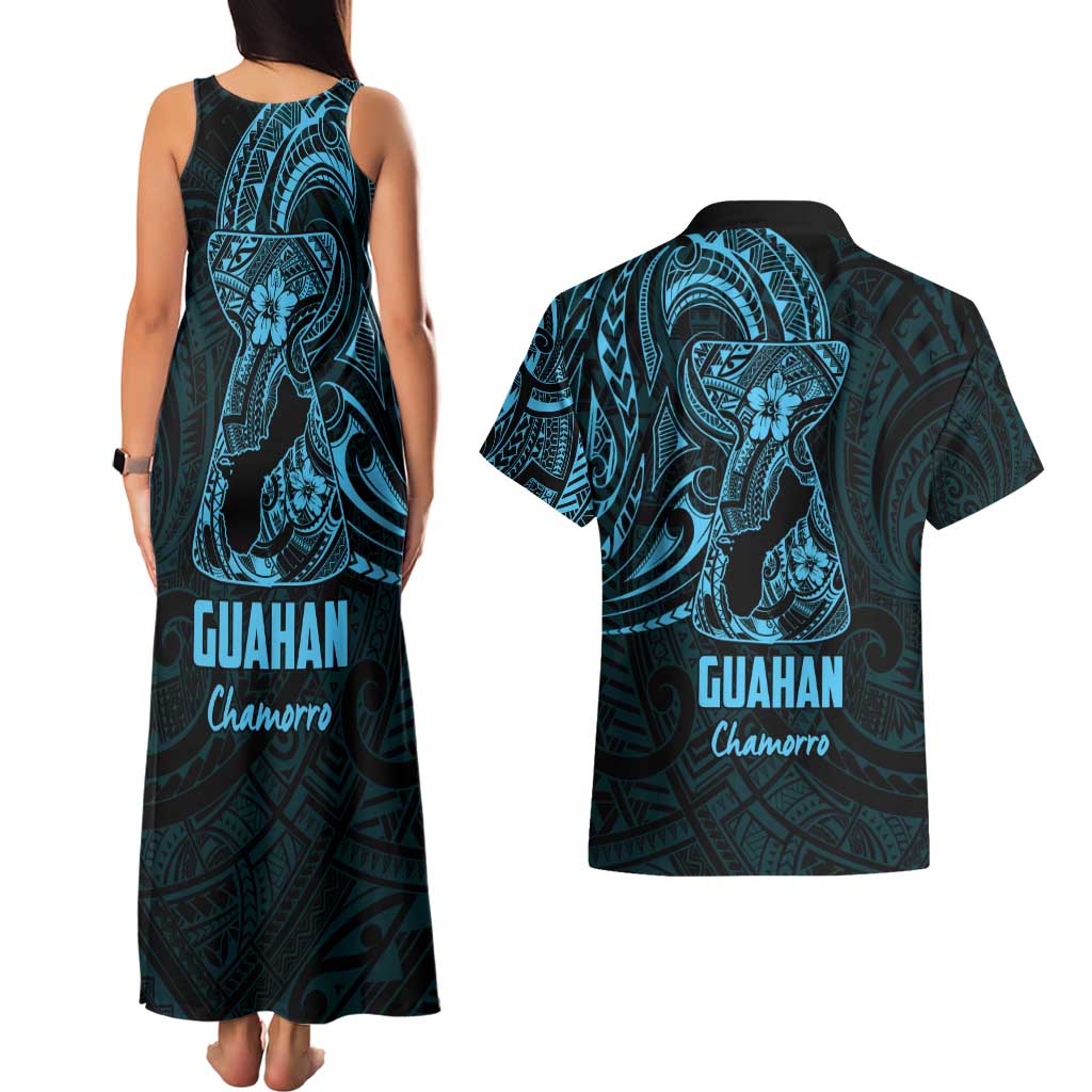 Blue Guam Latte Stone Tribal Tattoo Couples Matching Tank Maxi Dress and Hawaiian Shirt Hafa Adai Six 7 One LT9 - Polynesian Pride