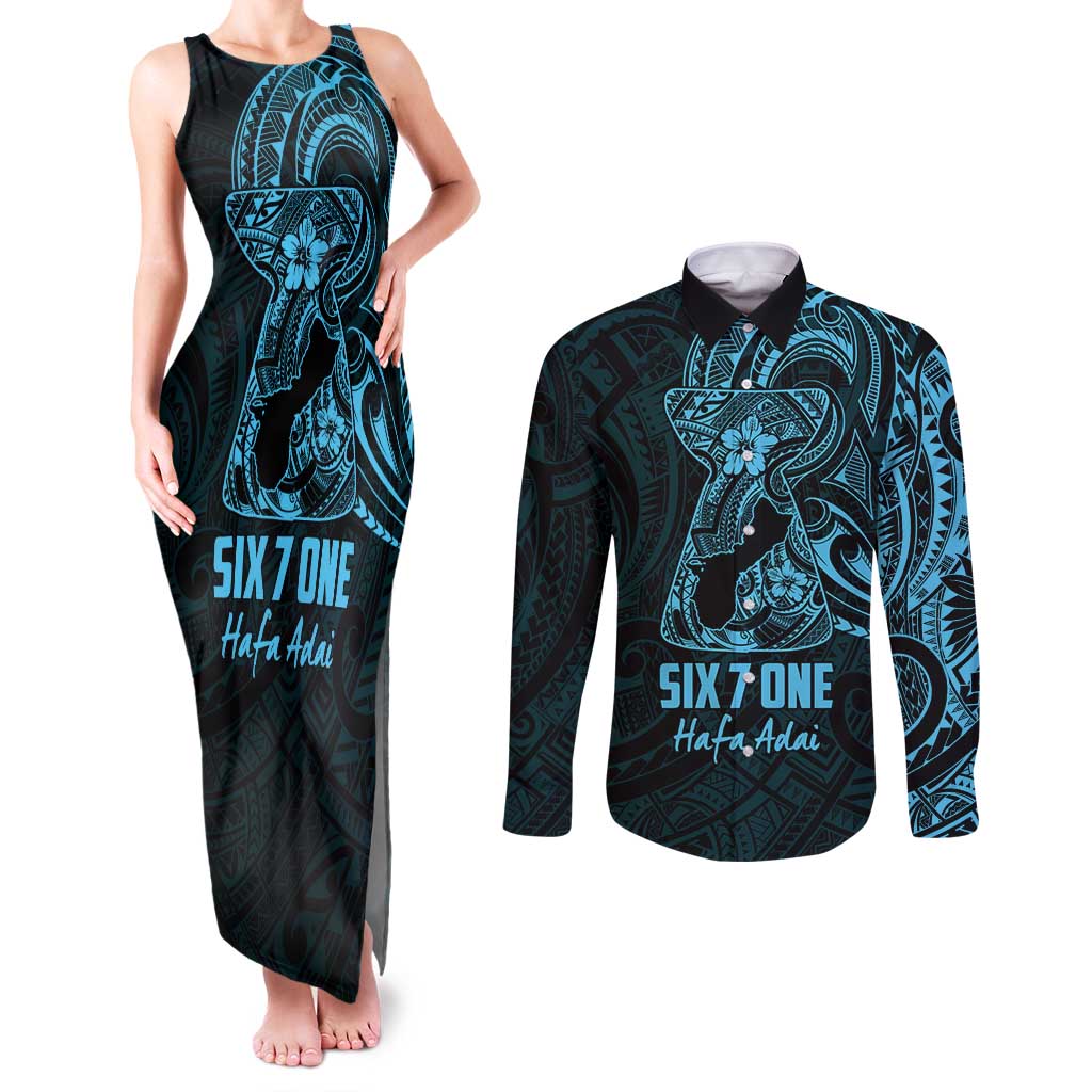 Blue Guam Latte Stone Tribal Tattoo Couples Matching Tank Maxi Dress and Long Sleeve Button Shirt Hafa Adai Six 7 One LT9 Blue - Polynesian Pride