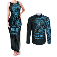 Blue Guam Latte Stone Tribal Tattoo Couples Matching Tank Maxi Dress and Long Sleeve Button Shirt Hafa Adai Six 7 One LT9 Blue - Polynesian Pride
