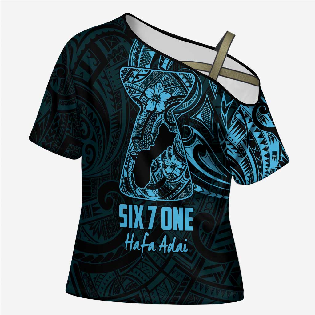 Blue Guam Latte Stone Tribal Tattoo Cross Shoulder Shirt Hafa Adai Six 7 One - Polynesian Pride