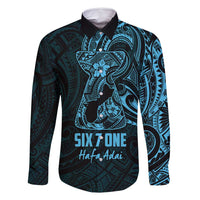 Blue Guam Latte Stone Tribal Tattoo Family Matching Long Sleeve Bodycon Dress and Hawaiian Shirt Hafa Adai Six 7 One LT9 Dad's Shirt - Long Sleeve Blue - Polynesian Pride