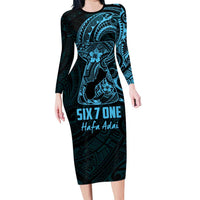 Blue Guam Latte Stone Tribal Tattoo Family Matching Long Sleeve Bodycon Dress and Hawaiian Shirt Hafa Adai Six 7 One LT9 Mom's Dress Blue - Polynesian Pride