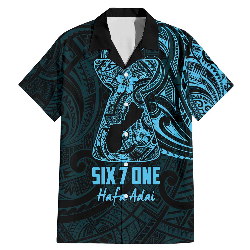 Blue Guam Latte Stone Tribal Tattoo Family Matching Mermaid Dress and Hawaiian Shirt Hafa Adai Six 7 One LT9 Dad's Shirt - Short Sleeve Blue - Polynesian Pride