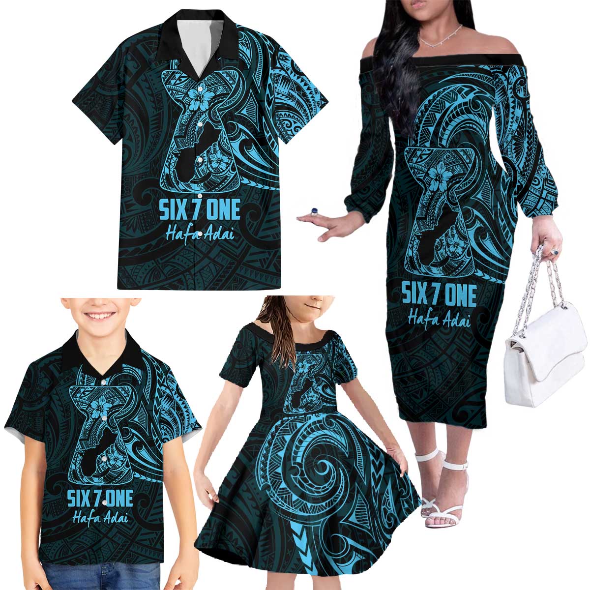 Blue Guam Latte Stone Tribal Tattoo Family Matching Off The Shoulder Long Sleeve Dress and Hawaiian Shirt Hafa Adai Six 7 One LT9 - Polynesian Pride