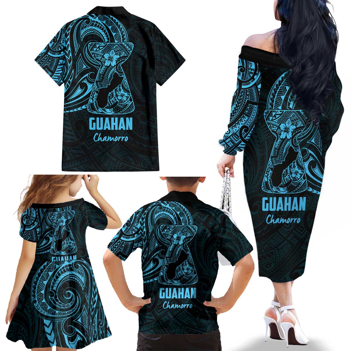 Blue Guam Latte Stone Tribal Tattoo Family Matching Off The Shoulder Long Sleeve Dress and Hawaiian Shirt Hafa Adai Six 7 One LT9 - Polynesian Pride