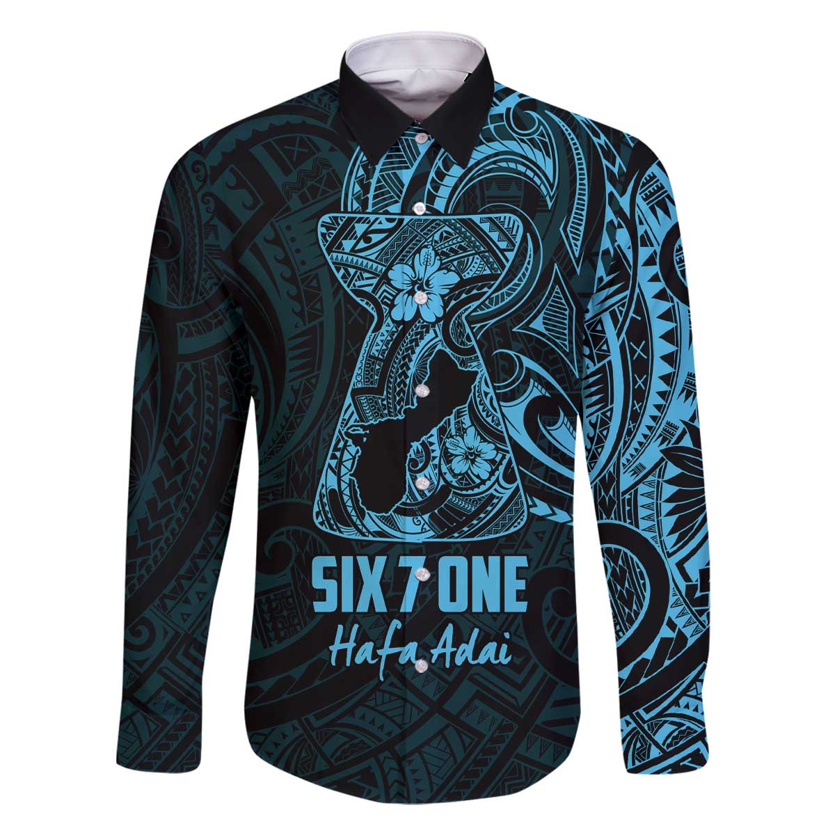Blue Guam Latte Stone Tribal Tattoo Family Matching Off The Shoulder Long Sleeve Dress and Hawaiian Shirt Hafa Adai Six 7 One LT9 Dad's Shirt - Long Sleeve Blue - Polynesian Pride
